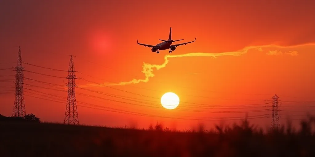 a plane is flying low over a field of power lines at sunset or dawn with a red sky in the background