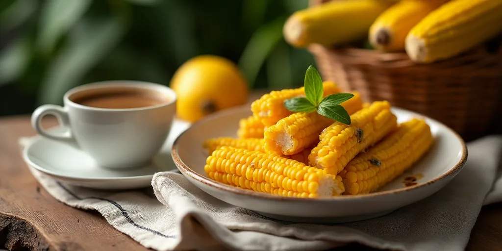 a plate of corn and a cup of coffee on a table with a cloth on it and a basket of corn, Ceferí Oliv