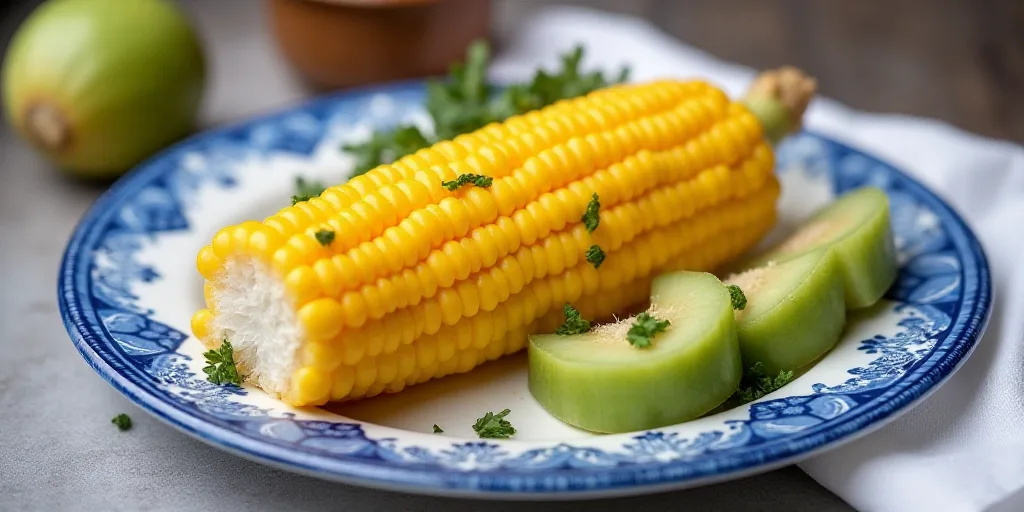 a plate of corn on the cob on a table with a blue and white plate with a blue and white design, Cefe