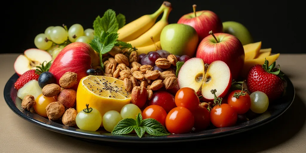a plate of food with many different fruits and vegetables on it, including apples, bananas, nuts, an