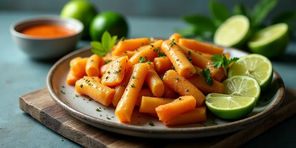 a plate of food with some limes and a bowl of sauce on the side of it and a bowl of limes, Aquirax U