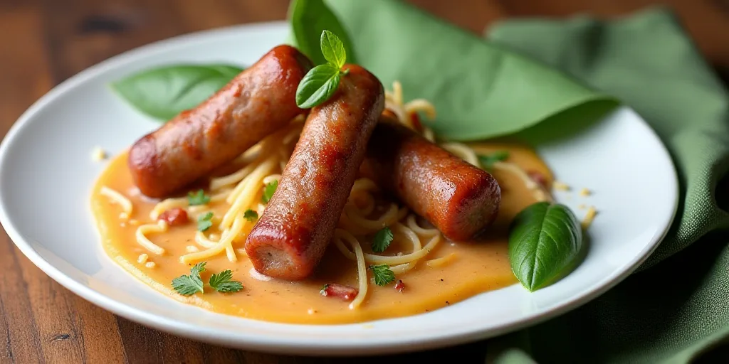 a plate of food with some meat sticks and sauce on it and a green napkin on the side of the plate, C