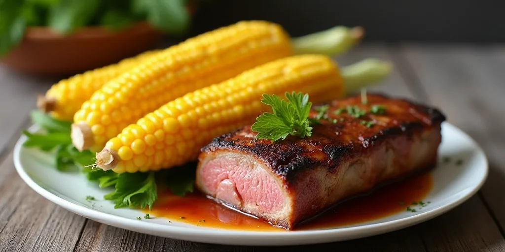a plate with a bunch of corn on the cob and a piece of meat in it on a table, Carpoforo Tencalla, pr