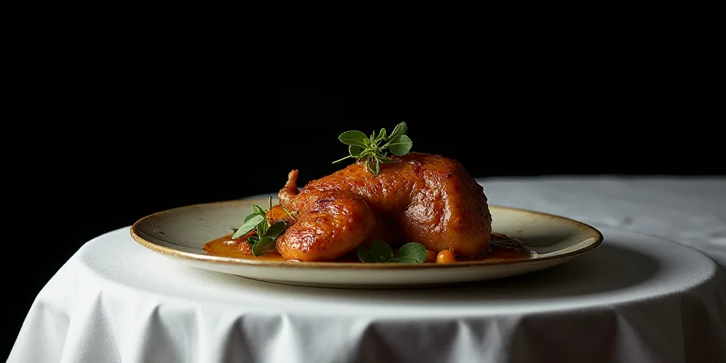 a plate with a meat dish on it on a table with a black background and a white table cloth, Delaunay,