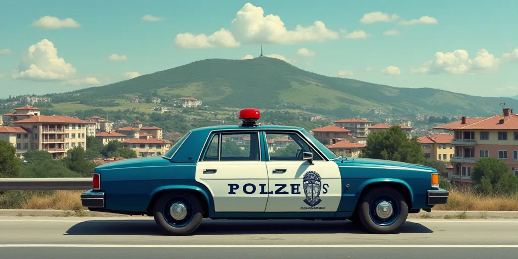 a police car is parked on the side of the road in front of a hill town with a hill in the background