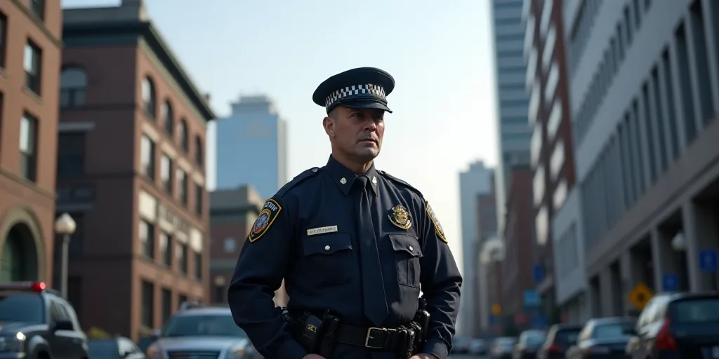 a police officer is standing in front of a building with a city in the background and a building acr
