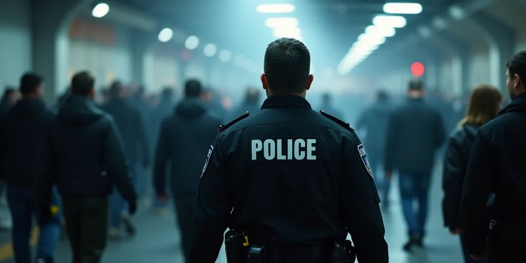 a police officer is walking through a crowd of people in a building with a sign on it that says poli