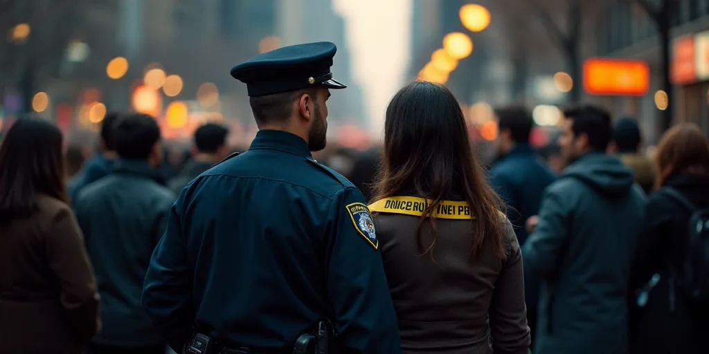 a police officer standing next to a woman in a crowd of people with a police tape on her shoulder, A