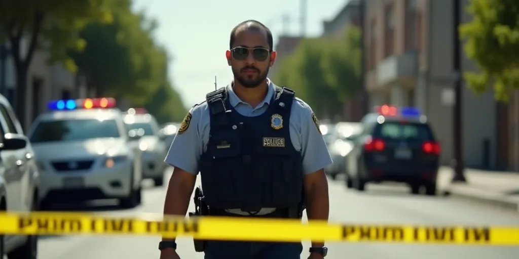 a police officer walking through a street with police tape on it and police cars parked in the backg