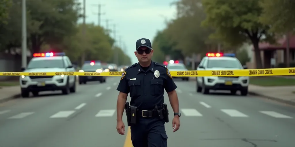 a police officer walking through a street with police tape on it and police cars parked in the backg