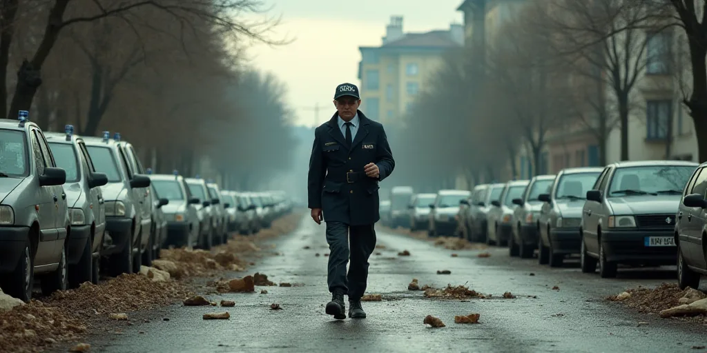 a police officer walking through a street with cars parked in the background and debris everywhere o