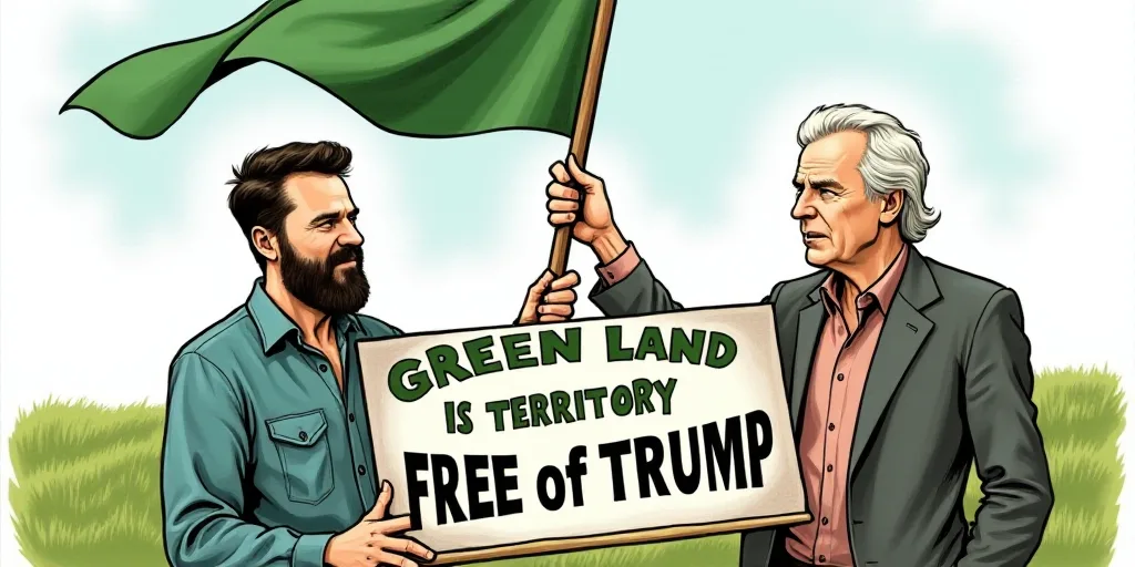 a political cartoon of two men holding a flag and a sign that says green land is territory free of t