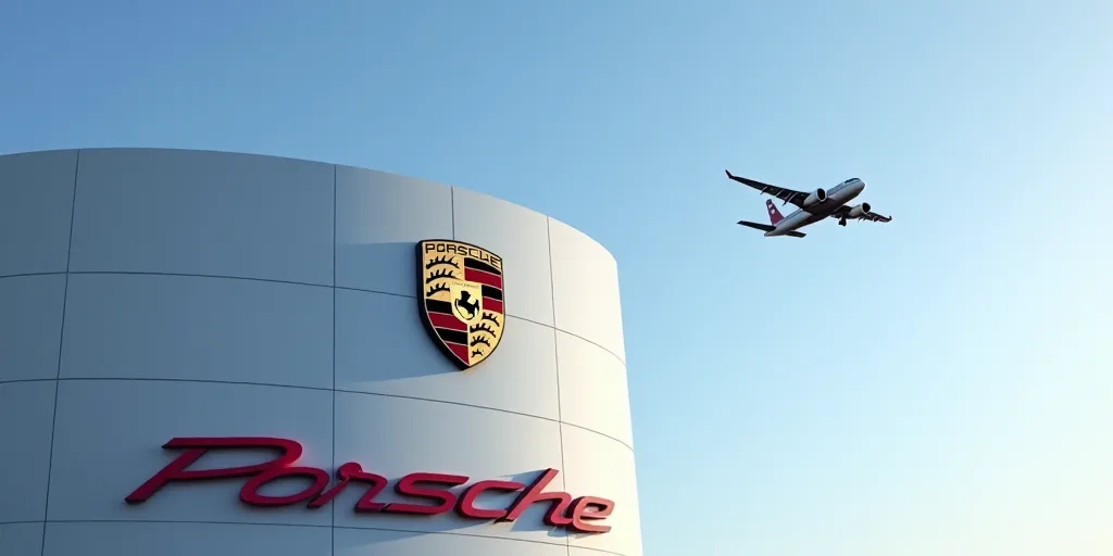 a porsche logo on the side of a building with a blue sky in the background and a plane flying overhe