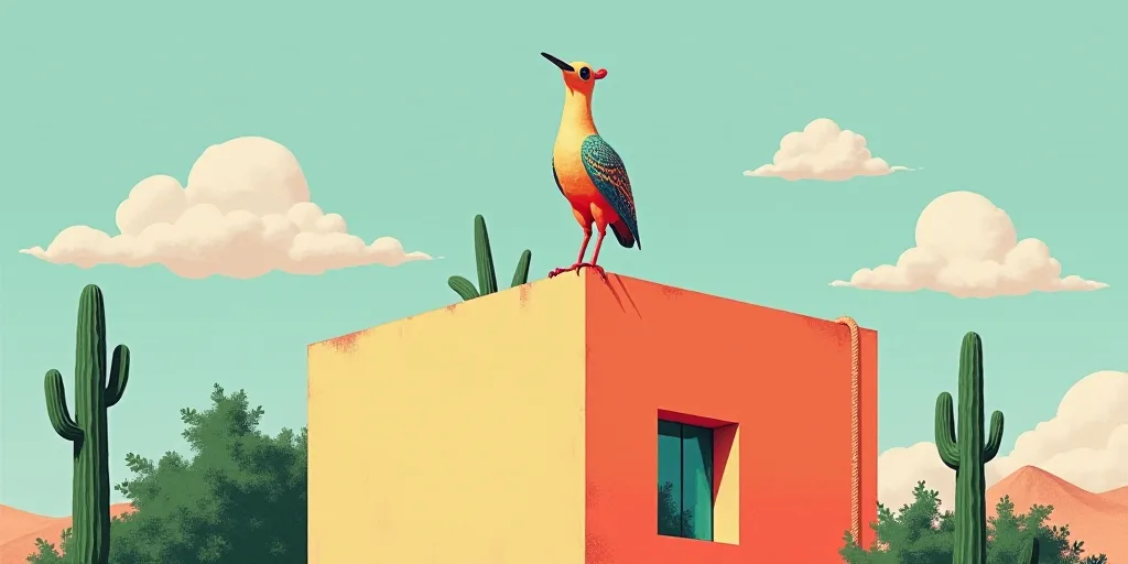 a poster for a trade event with a statue of a bird on top of a building and a cactus, Ceferí Olivé