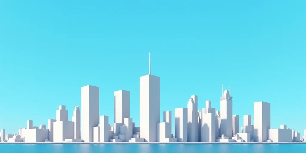a poster of a city with a blue background and a white building with a blue sky in the background, Al