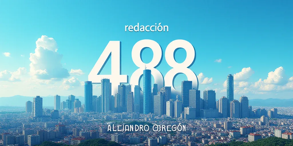 a poster with a city skyline and a blue sky in the background that says redaccion 488, Alejandro Obr