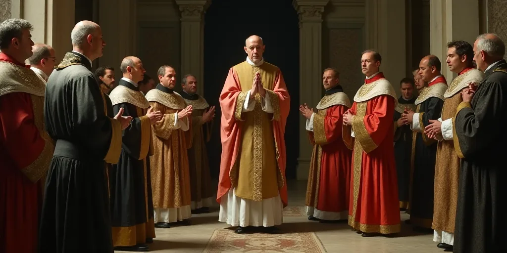 a priest standing in front of a priest in a church with other priests in the background and a priest