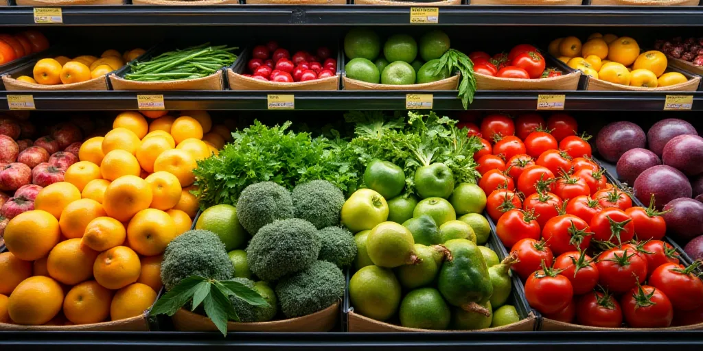 a produce section of a grocery store with a variety of fruits and vegetables on display for sale in