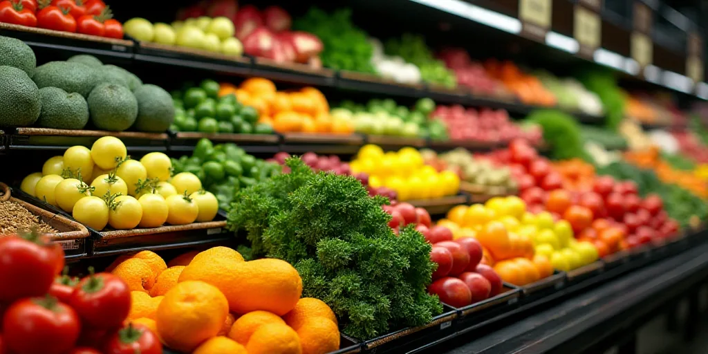a produce section of a grocery store with a variety of fruits and vegetables on display for sale in