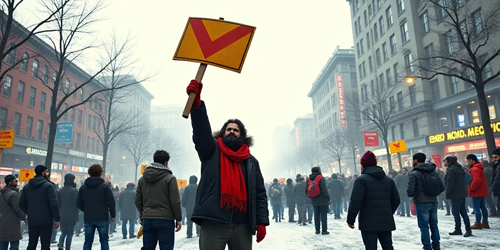 a protester holds a sign and a flag in the air while others stand in the street behind him, Art Spie