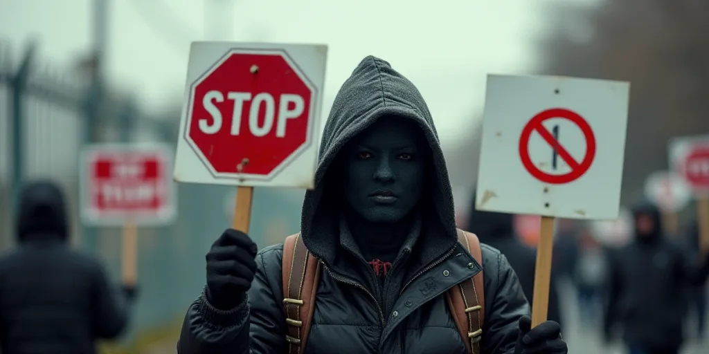 a protester with a hood on holding up signs in front of a fence and a stop sign with a no trump sign