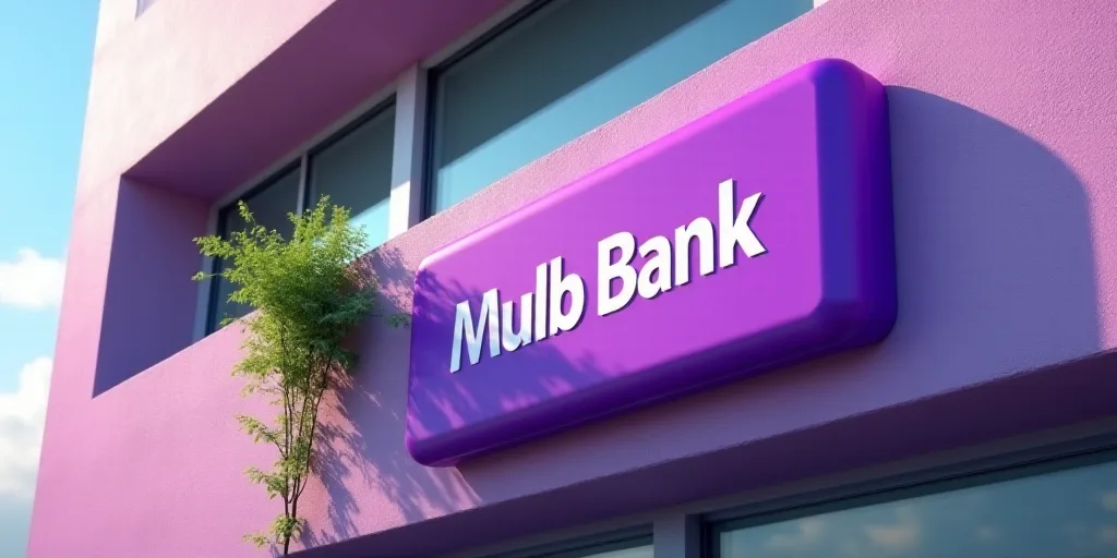 a purple sign that reads mulb bank on it's side of a building with a plant growing out of it, Basuki
