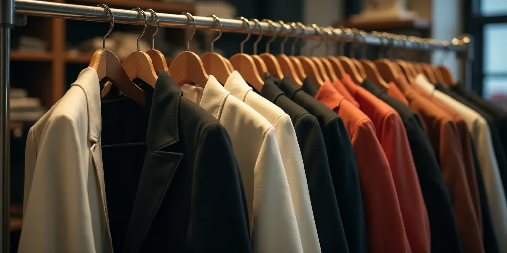 a rack of clothes with clothes hangers on them in a store or storeroom, with a few coats hanging fro