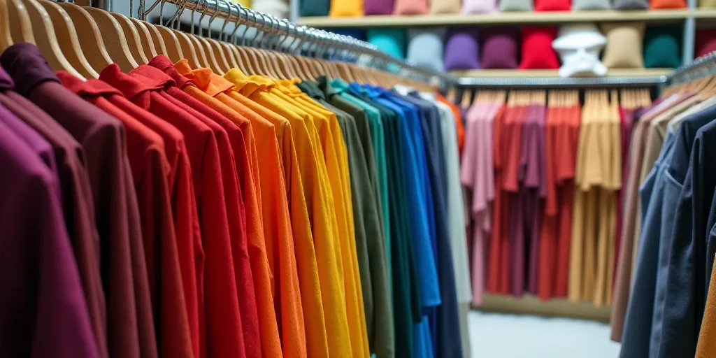 a rack of different colored fabrics in a store aisle with a variety of colors of fabrics on display