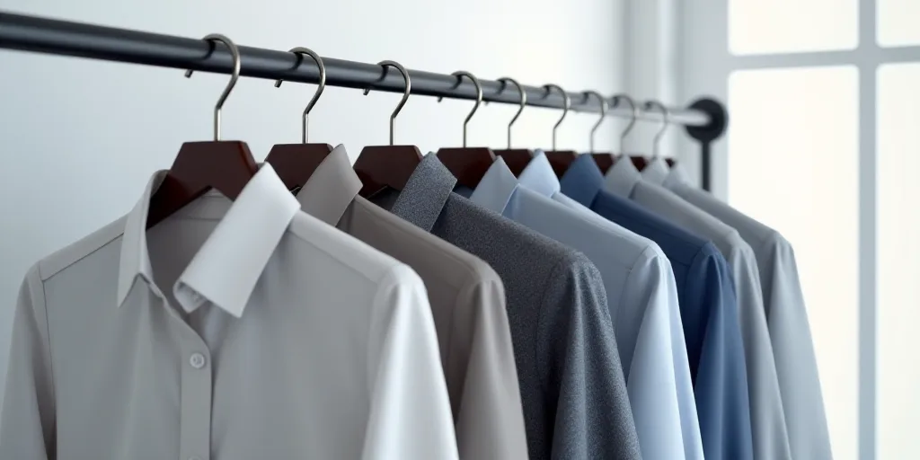 a rack of shirts hanging on a clothes rack with a black hanger and a white wall behind it, Andries S