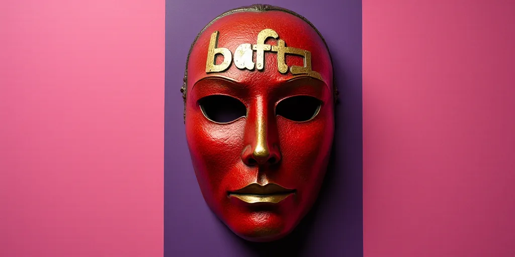 a red and gold mask with the words bafta on it and a pink background with a purple rectangle, Brian