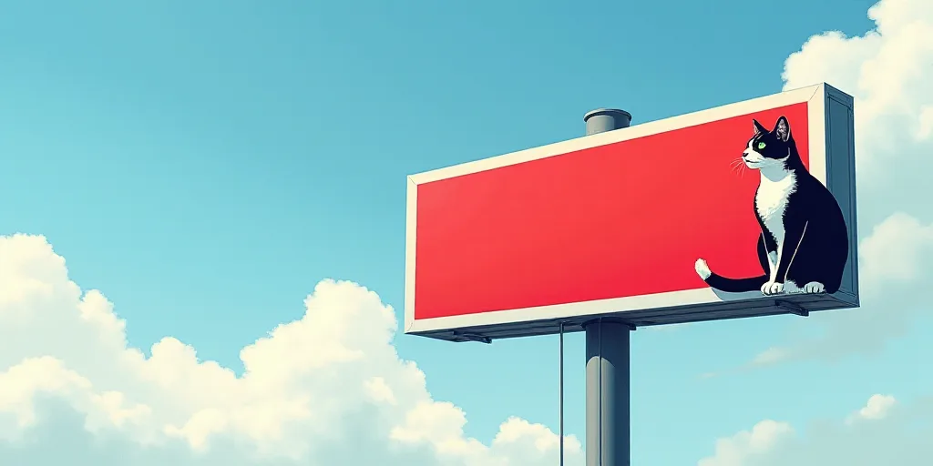 a red and white sign with a cat on it's side and a sky background with clouds in the background, Car