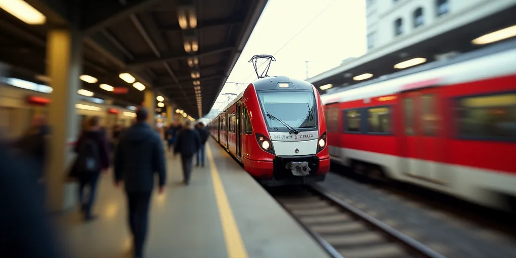 a red and white train is pulling into a station with people walking by it and a train is on the trac