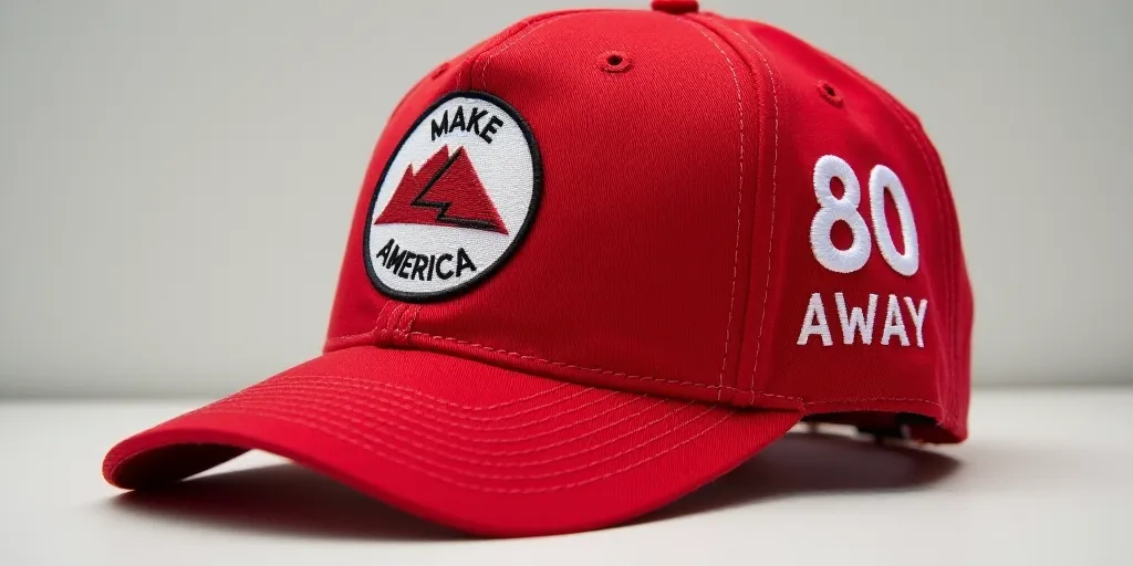 a red hat with a white logo on it that says make america 80 away on it's side, amano, japan, a photo