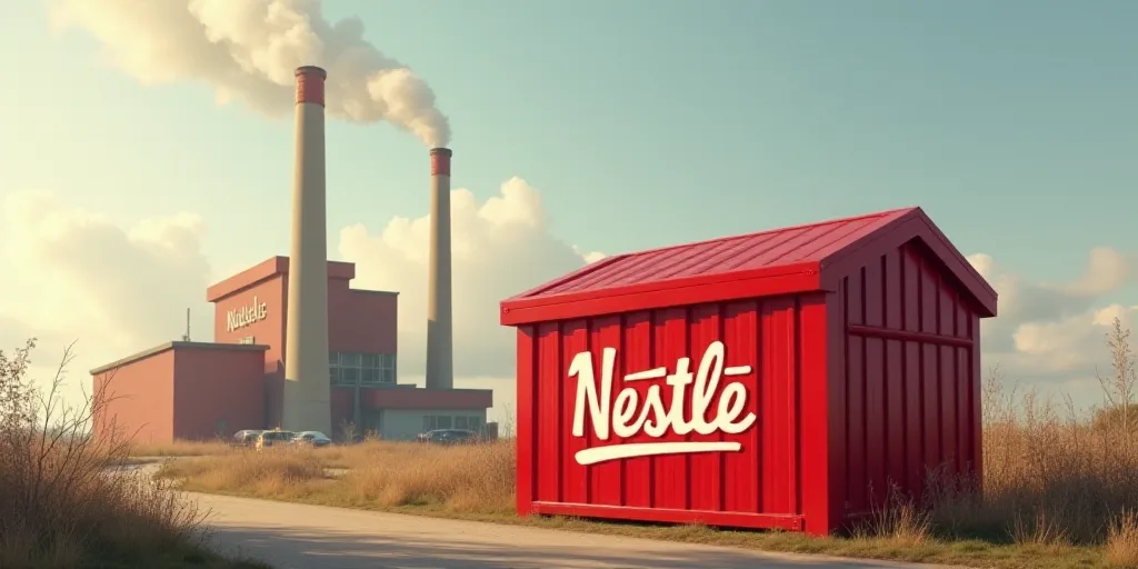 a red nestle box sitting next to a factory building with a chimney and smoke stack in the background