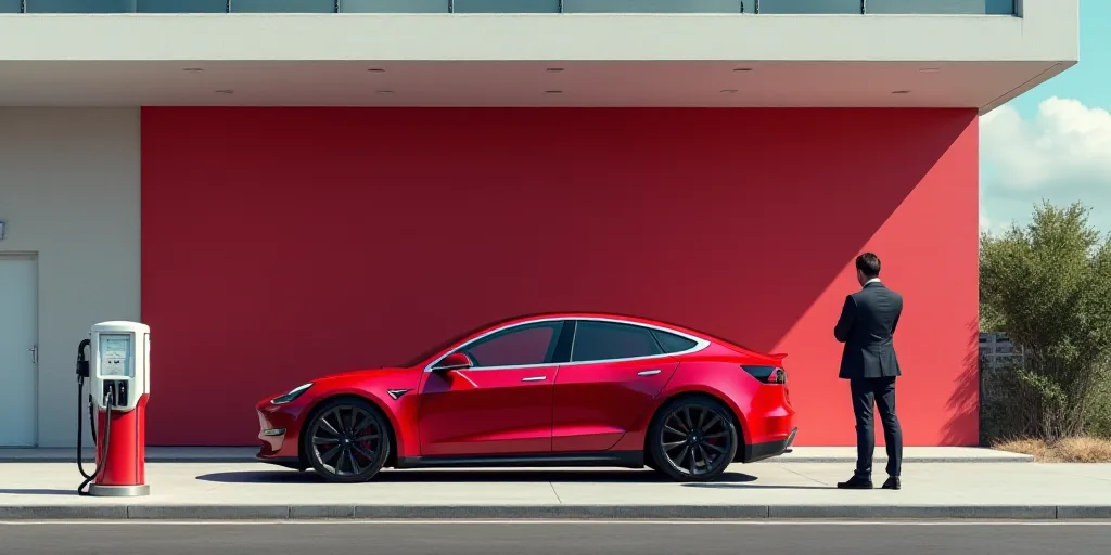 a red tesla car is parked in front of a building with a gas pump in front of it and a man in a suit