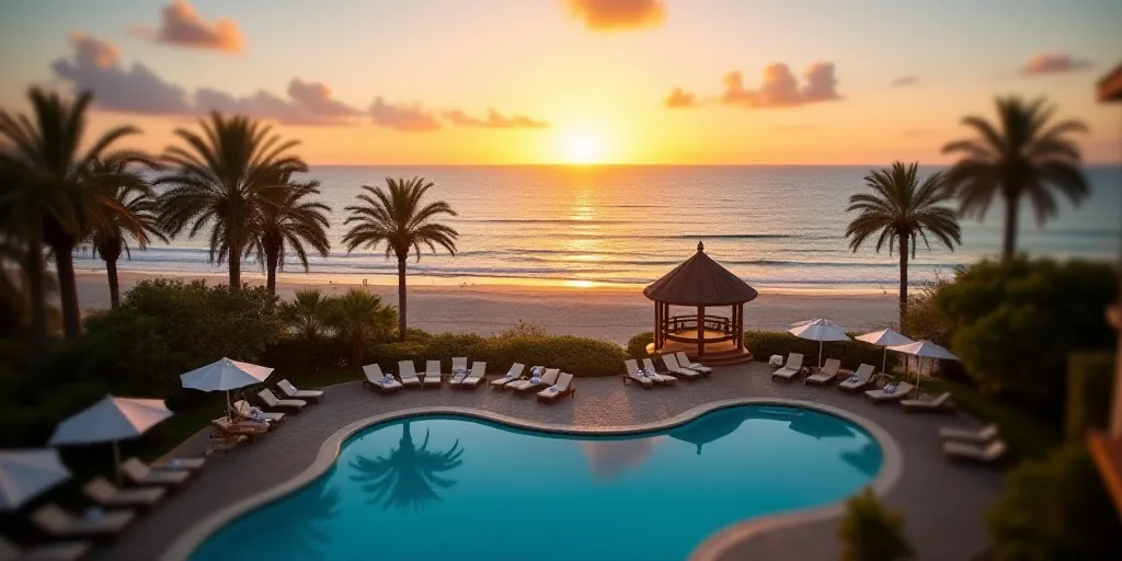 a resort with a pool and a beach in the background with the sun setting over the ocean and a beach w