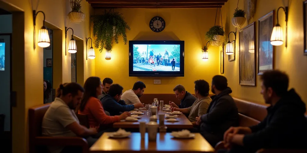 a restaurant with tables and chairs and people eating at them and a television on the wall above the
