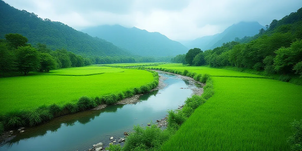 a river running through a lush green countryside next to a lush green field and a forest filled with