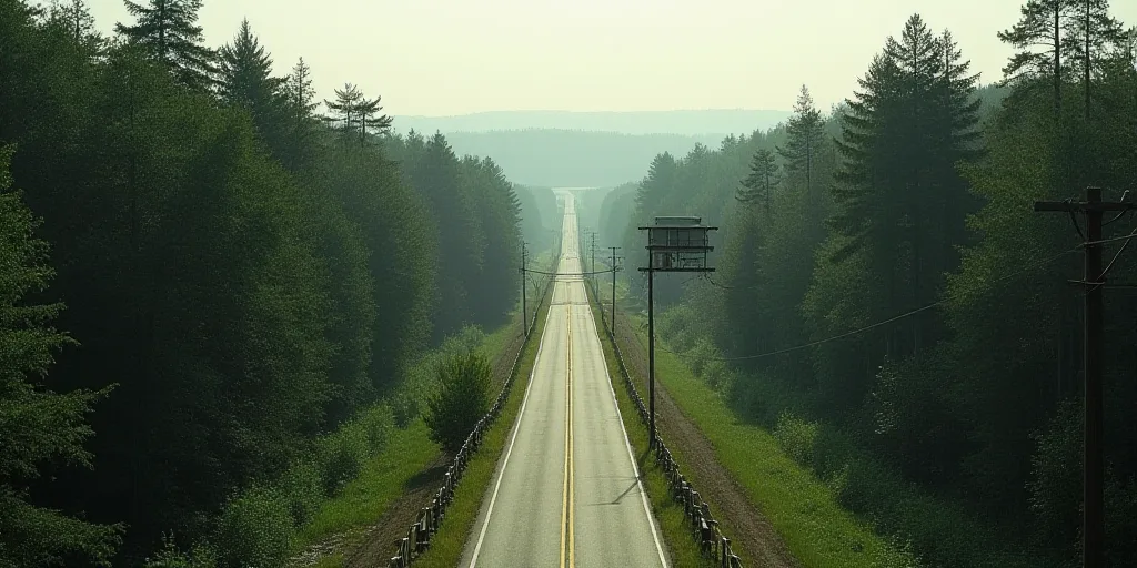 a road in the middle of a forest with a building on top of it and a bridge in the distance, Enguerra