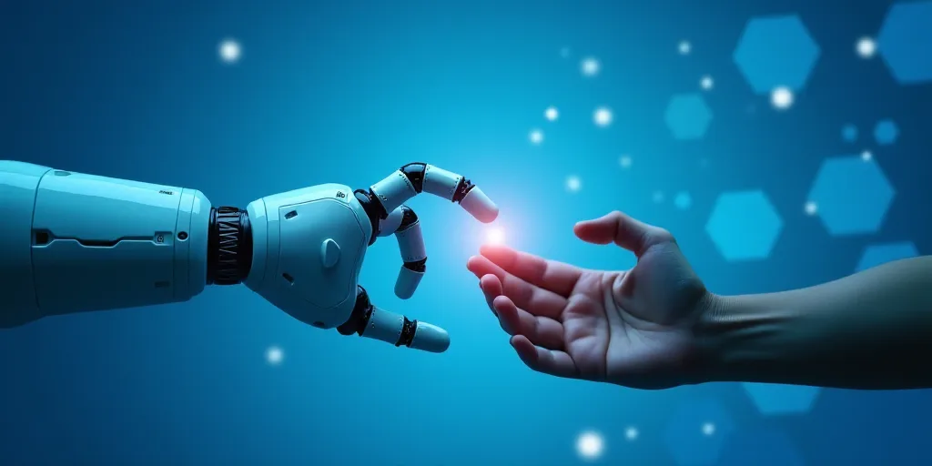 a robot hand touching another hand with a human hand on a blue background with hexagonal shapes and