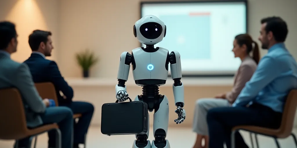 a robot holding a briefcase in front of a group of people sitting down and talking to each other in