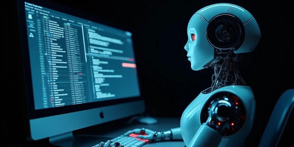 a robot is using a computer screen to see data on it's screen screen, with a dark background, Ai-Mit