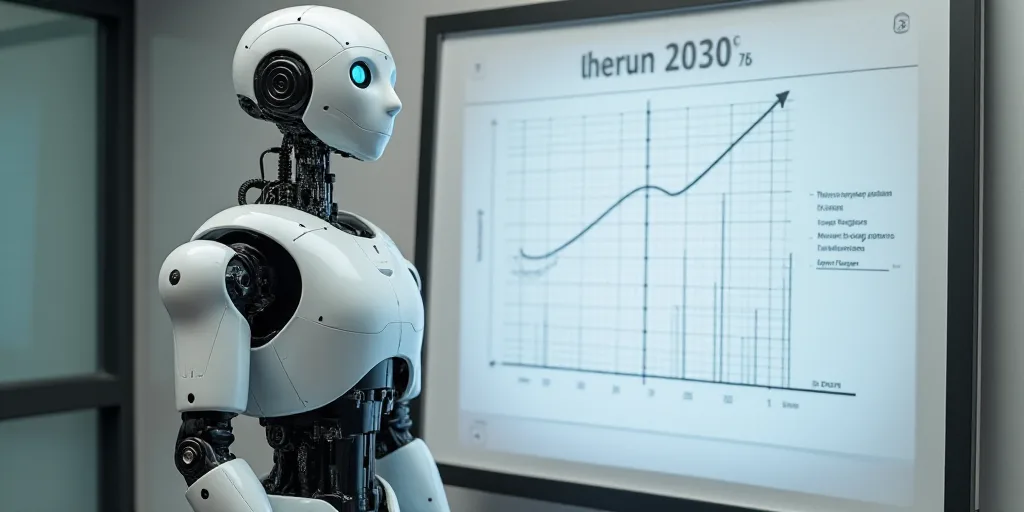 a robot standing next to a white board with a graph on it and a marker board in front of it, Andries