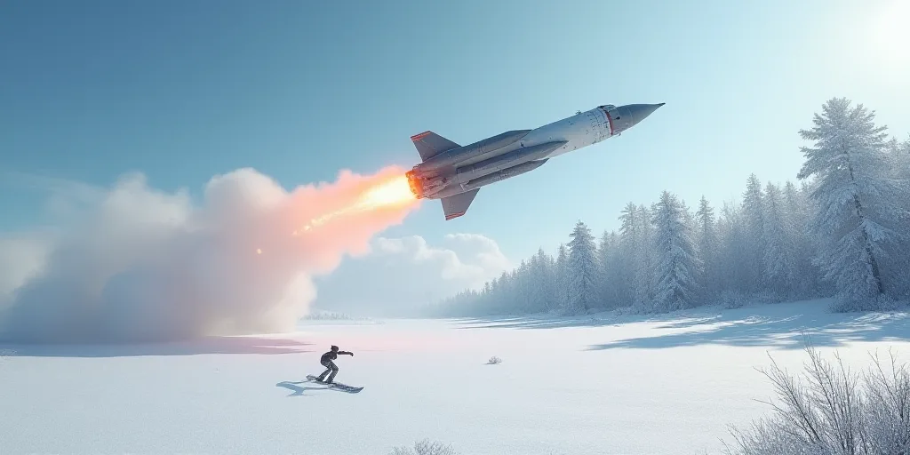 a rocket is flying over a snowy field with trees in the background and a snow covered field with a s