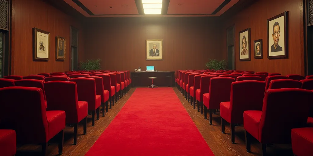 a room with a bunch of chairs and a laptop on a table in it and a red carpet on the floor, Brian Fie