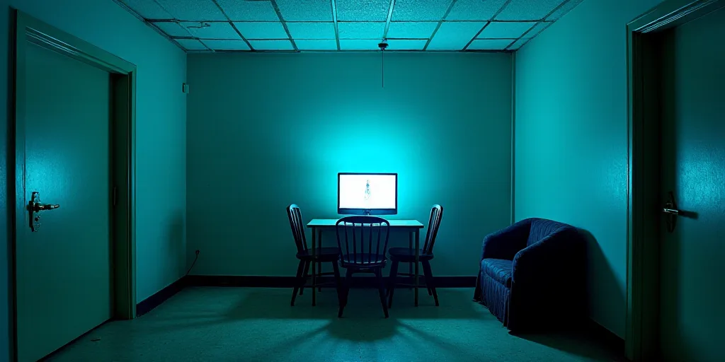 a room with a table and chairs and a television set in it and a blue light coming from the ceiling,
