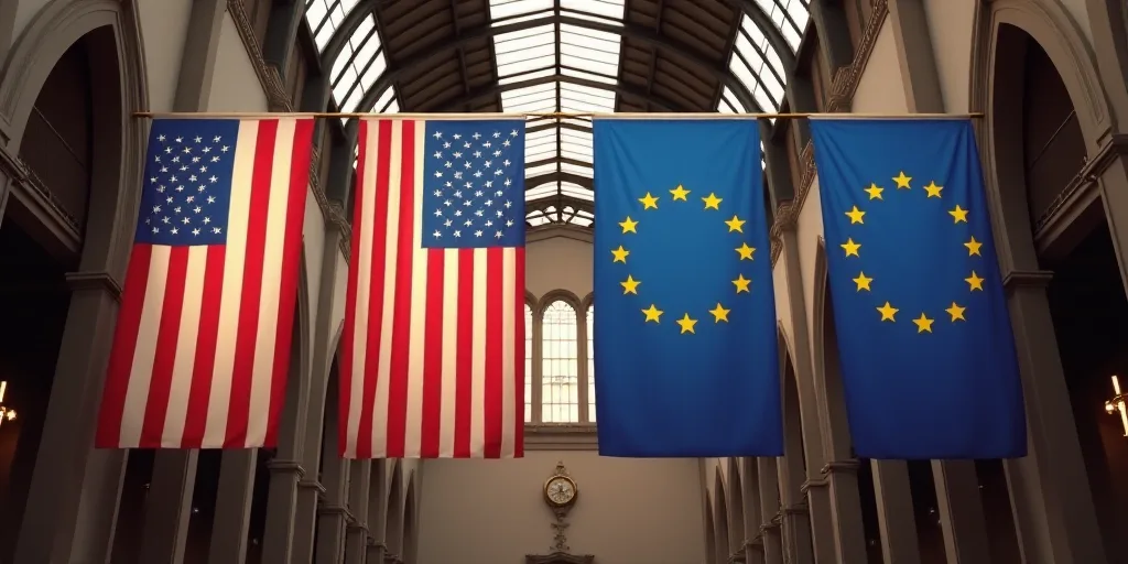 a row of american and european flags hanging from a ceiling in a building with a clock in the backgr