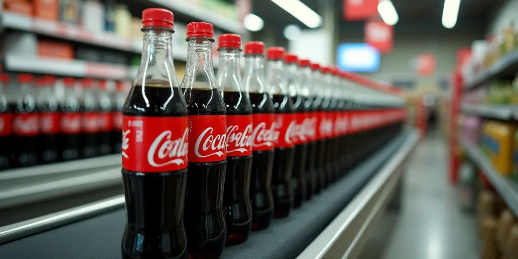 a row of coca cola bottles sitting on top of a conveyor belt in a store or store,, Dorothy Coke, p,