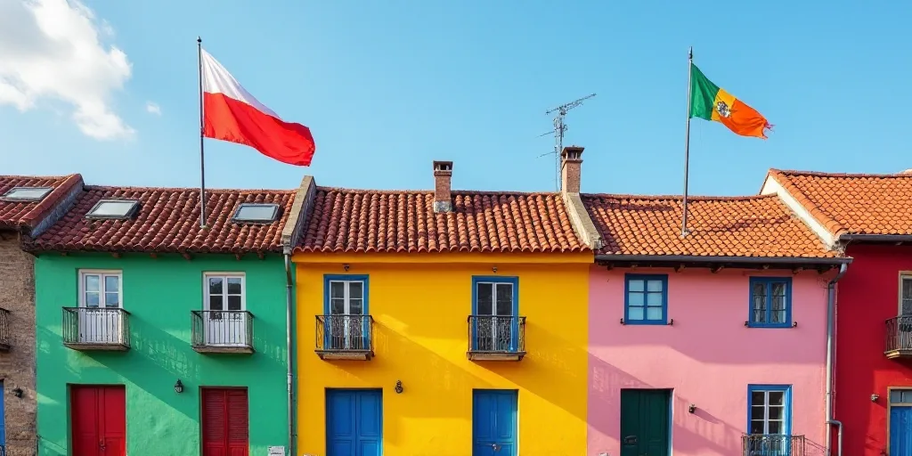 a row of multi - colored houses with a flag in the background and a few flags hanging from the roof,