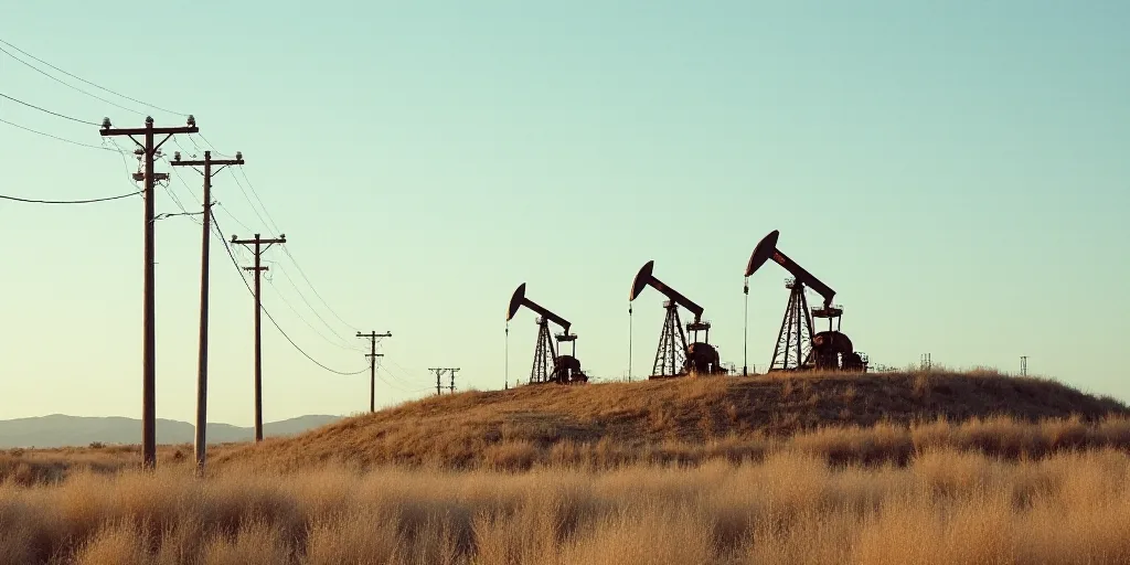 a row of oil pumps sitting on top of a hill next to a telephone pole and a telephone pole, Elbridge